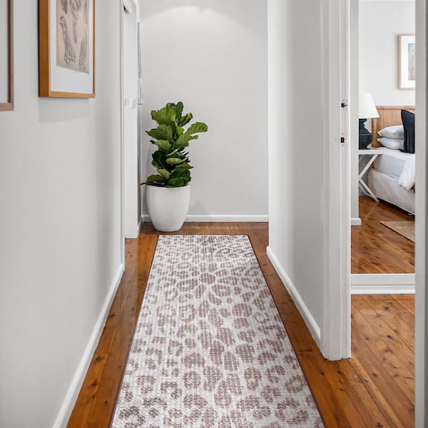 Miya Leopard Brown 2.5 ft. x 10 ft. Animal Print Washable Runner Rug