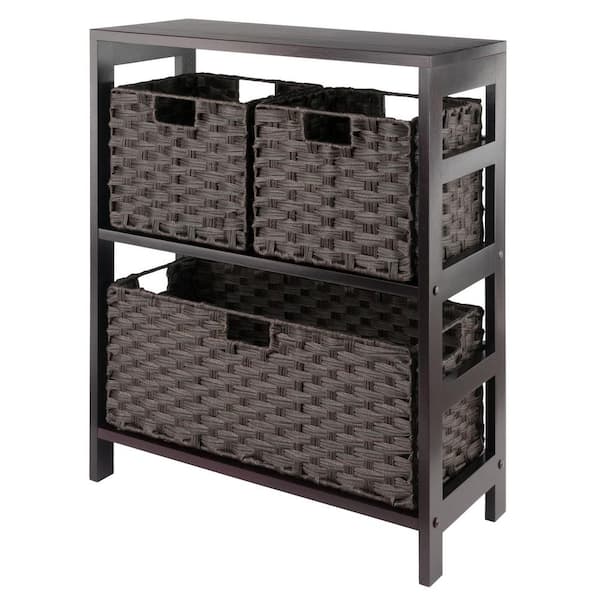 WINSOME WOOD Leo 29 in. Espresso 2-Tier Shelf Storage Bookcase with Baskets