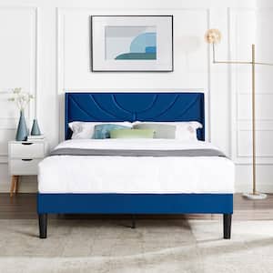 Upholstered Bed Blue Metal Frame Full Platform Bed with Fabric Headboard, Wooden Slats Support
