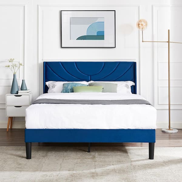 VECELO Upholstered Bed Blue Metal Frame Full Platform Bed with Fabric Headboard, Wooden Slats Support