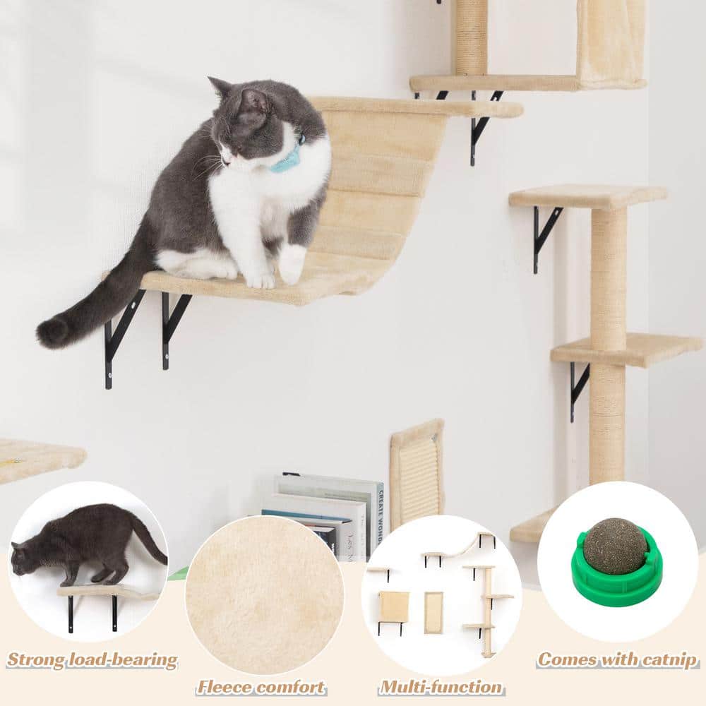 Beige Wall Mounted Cat Tree Set with Sisal Posts