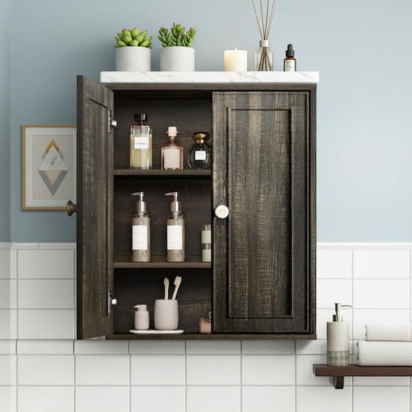 22 in. W x 7 in. D x 28 in. H Bathroom Storage Wall Cabinet Medicine Cabinet with 2 Door and Adjustable Shelves in Brown