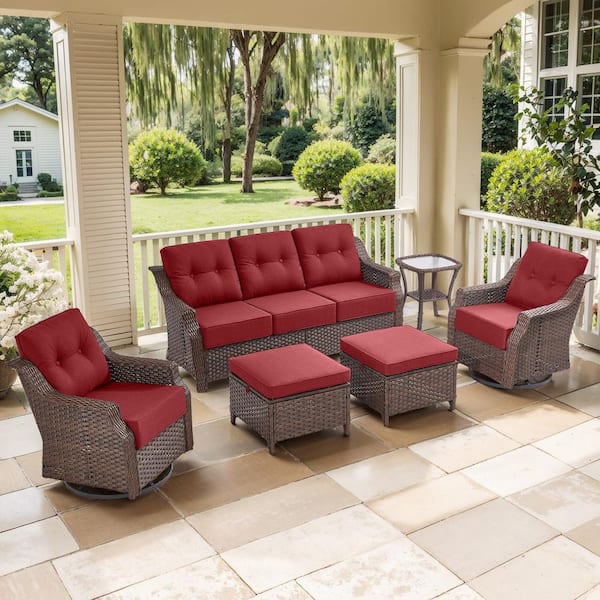 Modern Farmhouse 6-Piece Brown Wicker Patio Conversation Set with 6 In. Red Cushions/3-Seat Sofa with Swivel Chairs