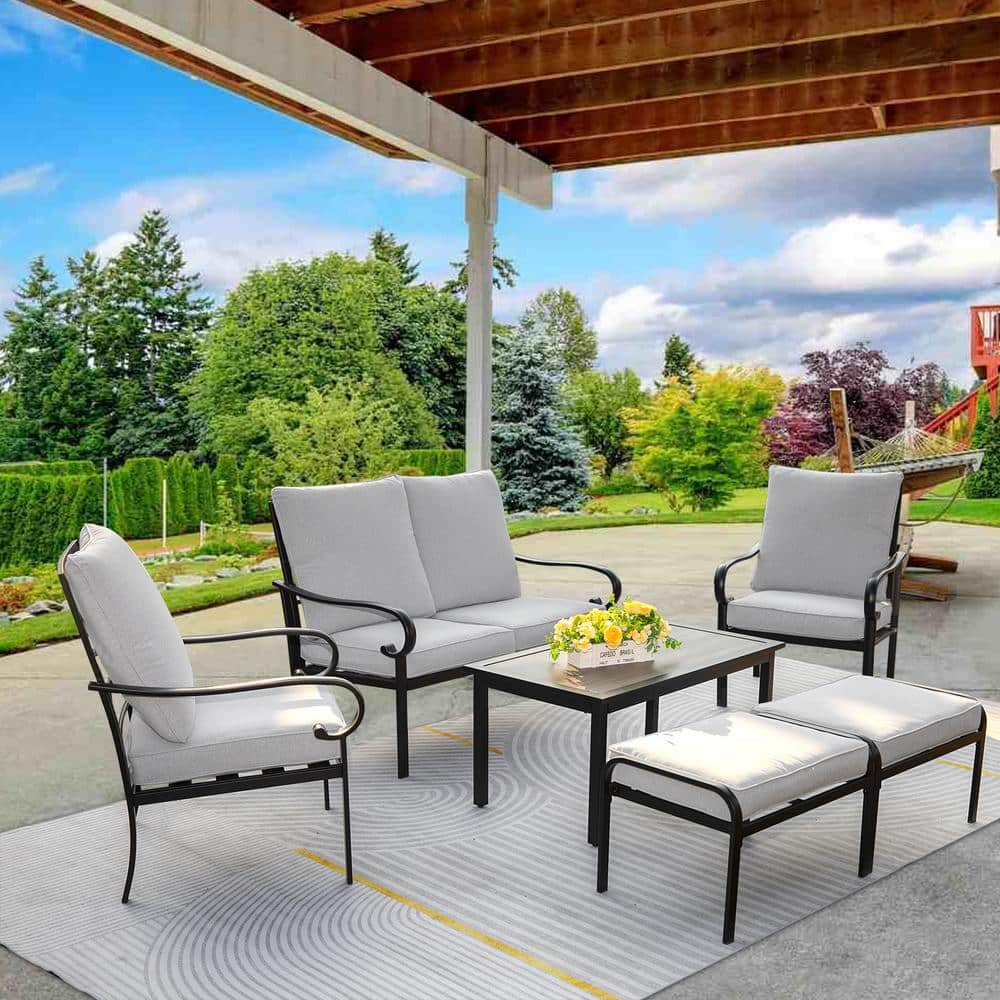 6-Piece Black Metal Patio Outdoor Sectional Sofa Set with Gray Cushions, Ot