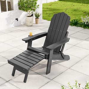 Outdoor Plastic Folding Adirondack Chair with Retractable Ottoman for Lawn, Gray, (Set of 1)