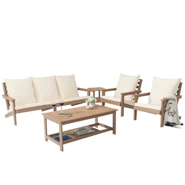 Clihome Brown 5-Piece Wood Grain Plastic Patio Conversation Set with Beige Thickened Cushions