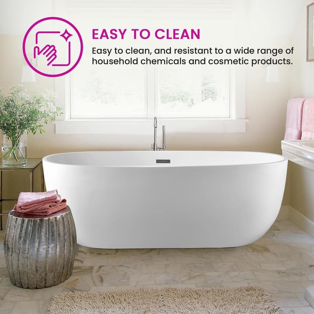 White Acrylic 59" Freestanding Soaking Bathtub with Chrome Drain