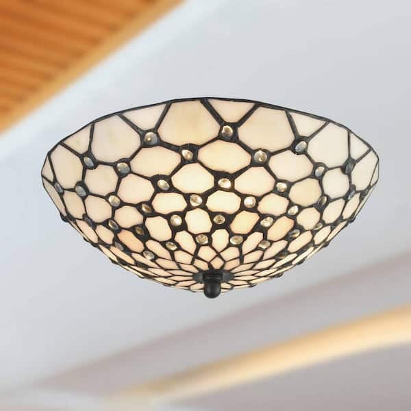 CLAXY 11.81 in. 3-Light Black Modern Semi-Flush Mount with Stained Glass Shade and No Bulbs Included 1-Pack