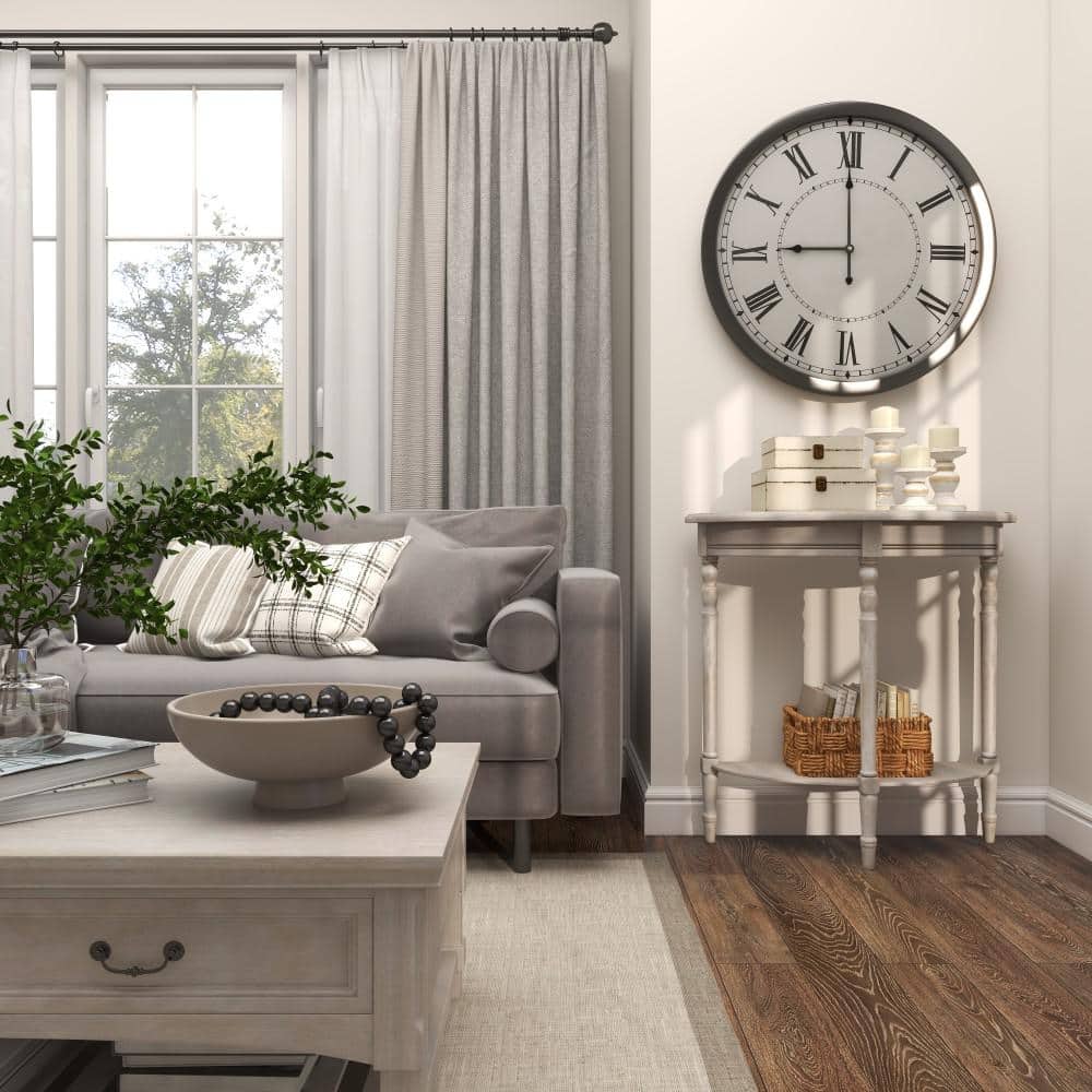 Charming Light Brown Demilune Console Table with Storage Shelf