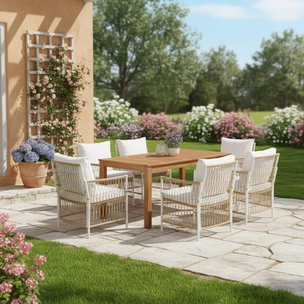 7-Piece Patio Wooden Dining Table Set with 4 Rattan Arm Chairs for Backyard price history on PriceWatchPro