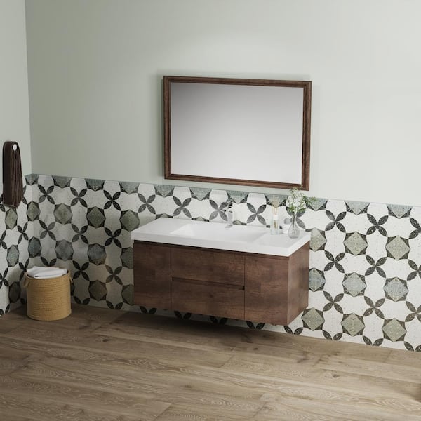 Angela 48 in. W x 19.7 in. D x 20.5 in. H Wall Hung Bathroom Vanity Set Cabinet in Rosewood with Glossy White Sink