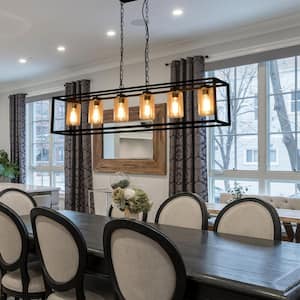 6-Light Farmhouse Kitchen Island Lighting Fixture Black Linear Pendant Chandelier with Clear Glass Shade