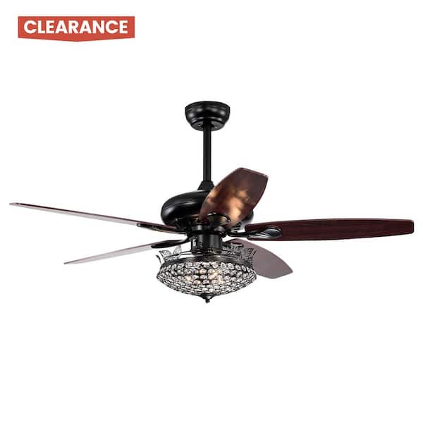 BANSA ROSE 52 in. Indoor/Outdoor Black 3-Light Crystal LED Ceiling Fan with Crystal Light Kit, Downrod and Remote Control