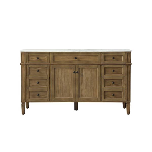 Unbranded Simply Living 60 in. W x 21.5 in. D x 35 in. H Bath Vanity in Driftwood with Carrara White Marble Top
