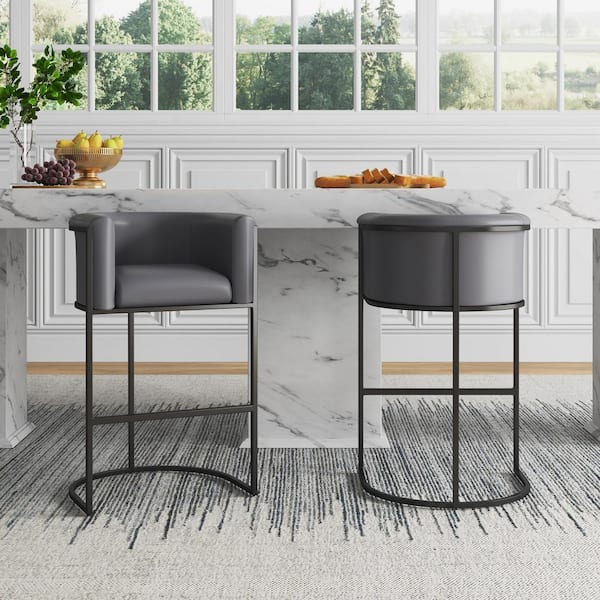 Cosmopolitan 29.5 in. Grey and Black Metal Bar Stool with Faux Leather Upholstered Seat (Set of 2)