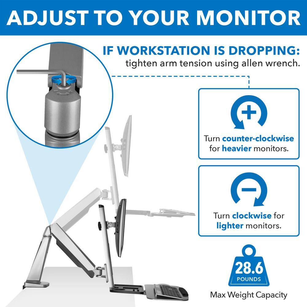 Adjustable Silver Standing Desk Converter with Dual Monitor Mount