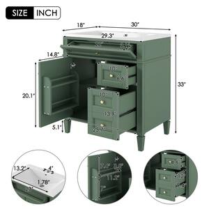 30 in. W x 18 in. D x 33 in. H Single Sink Bath Vanity in Green with White Resin Top, Tip-Out Drawer, Adjustable Shelf