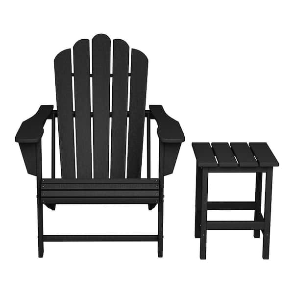 Aderson 2-Piece All Weather Fade Resistant Outdoor Patio HDPE Adirondack Chair with Cupholder and Side Table in Black