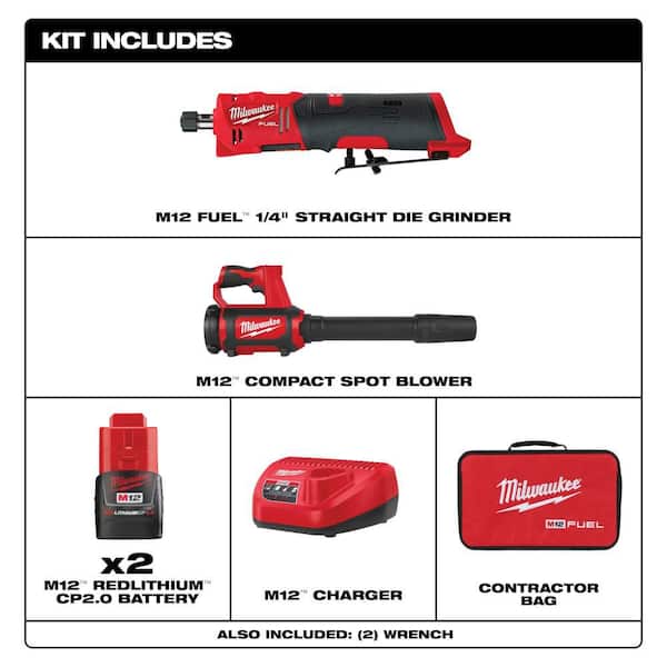 M12 FUEL 12V Lithium-Ion Brushless Cordless 1/4 in. Straight Die Grinder Kit w Two 2.0 Ah Batteries & M12 Spot Blower