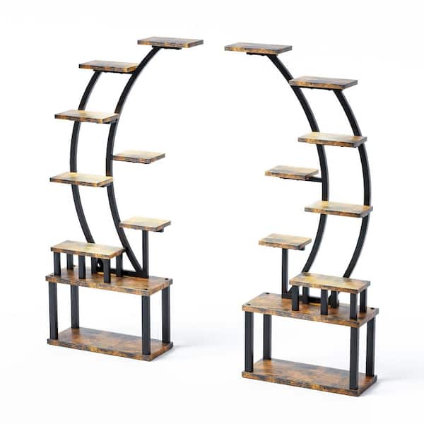 2-Piece 63 in. H Brown S-Shaped MDF Indoor Plant Stand w/5-Grow Lights 9-Tiered Tall Plant Shelf 10-Level Dimming