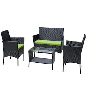 4-Piece Wicker Patio Outdoor Conversation Set with Green Cushion