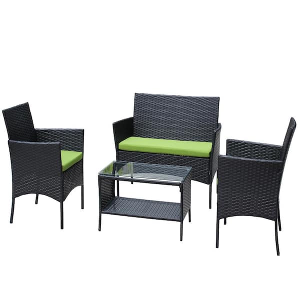 Boosicavelly 4-Piece Wicker Patio Outdoor Conversation Set with Green Cushion