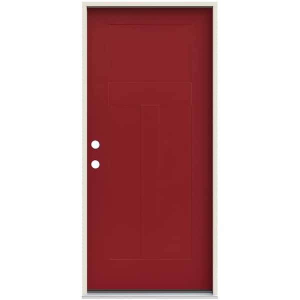 JELD-WEN 36 in. x 80 in. Right-Hand 3 Panel Flat Craftsman Cranberry Painted Steel Prehung Front Door with Brickmould