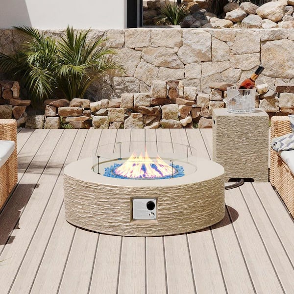 42 in. Round Concrete Propane Fire Pit Table with Tank Cover and Wind Guard, Beige