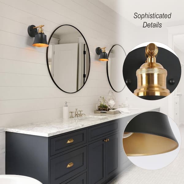 1-Light 6 in. Mid-century Modern Black and Gold Half-Bathroom Wall Sconce with Metal Shades, Stair, Pictures Wall Light