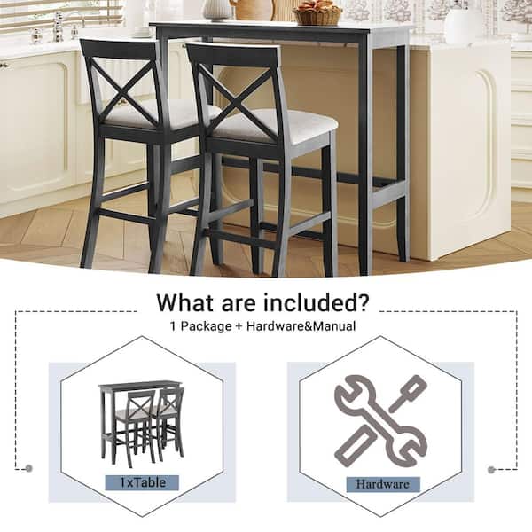 42.3 in. H Gray Rectangle Solid Wood Bar Table Set Seats 2 with 2 Upholstered Chairs for Kitchen Breakfast Nook