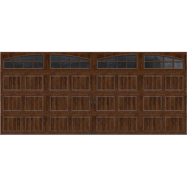 Clopay Gallery Steel Short Panel 16 ft x 7 ft Insulated 6.5 R-Value Wood Look Walnut Garage Door with Arch Windows