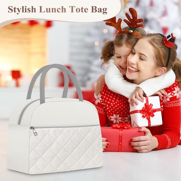 10.6 in Insulated Lunch Bag Leakproof Quilted Cooler Tote Beige