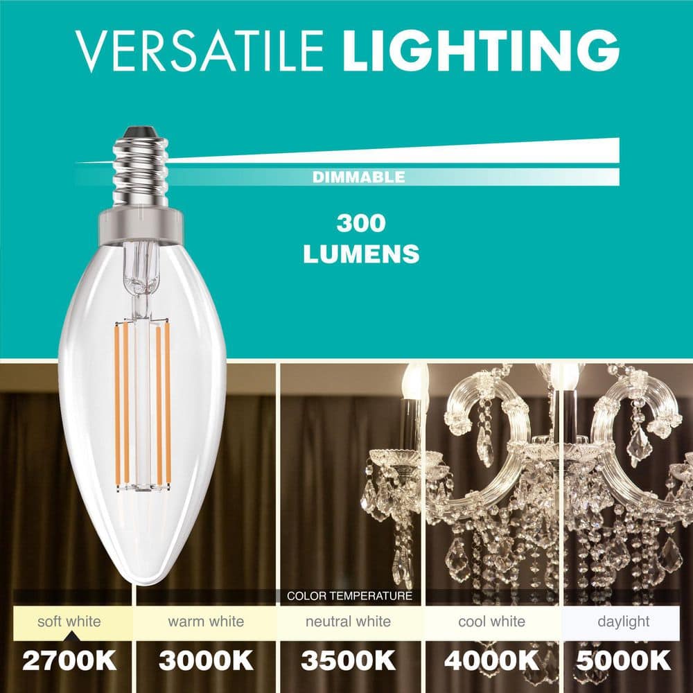 40-Watt Equivalent Dimmable E12 Filament Candle LED Light Bulb, 2700K Warm White Light, 50-Pack