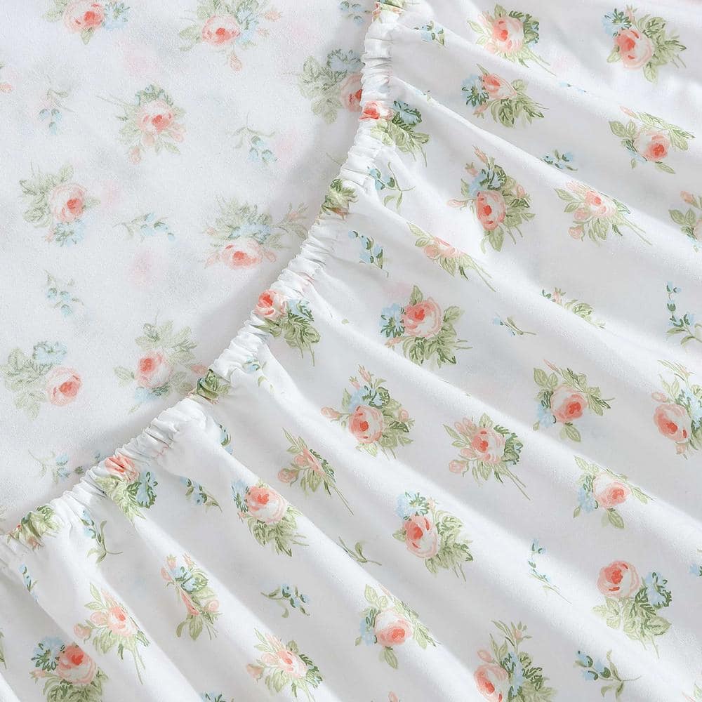 Queen Floral Cotton Percale Sheet Set with Ruffled Hem