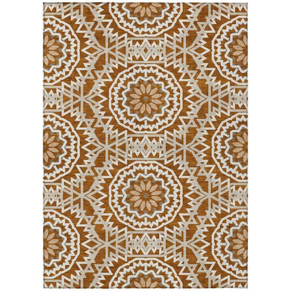 Orange, Copper, Beige 5 ft. x 8 ft. Woven Floral, Medallion Polyester Rectangle Indoor/Outdoor Area Rug