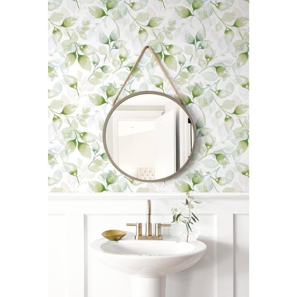 Green Ivy Watercolor Tossed Leaves Peel and Stick Vinyl Wallpaper