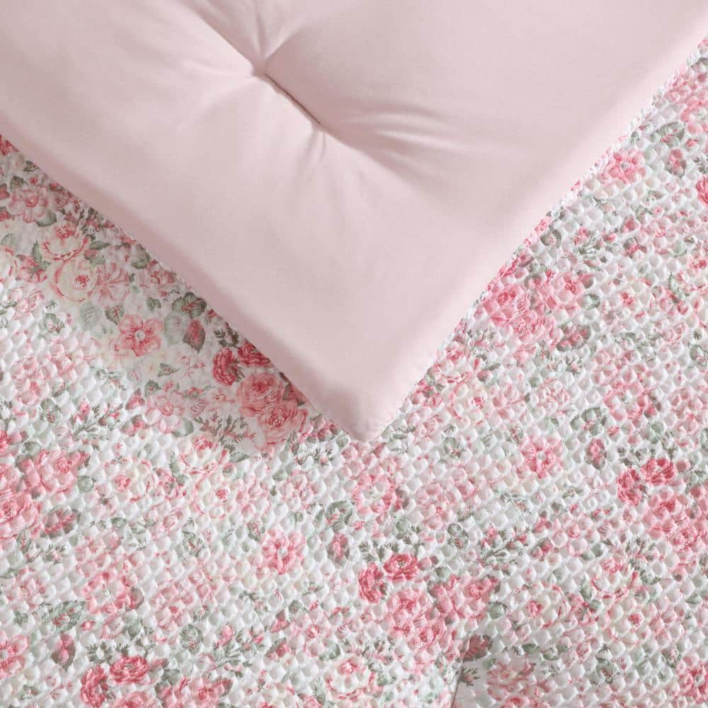 Twin Pink Microfiber Reversible Floral Bed in a Bag Set