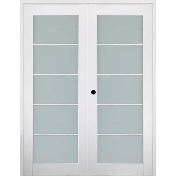 Smart Pro 48 in. x 80 in. Right Handed Active 5-Lite Frosted Glass Polar White Wood Composite Double Prehung French Door