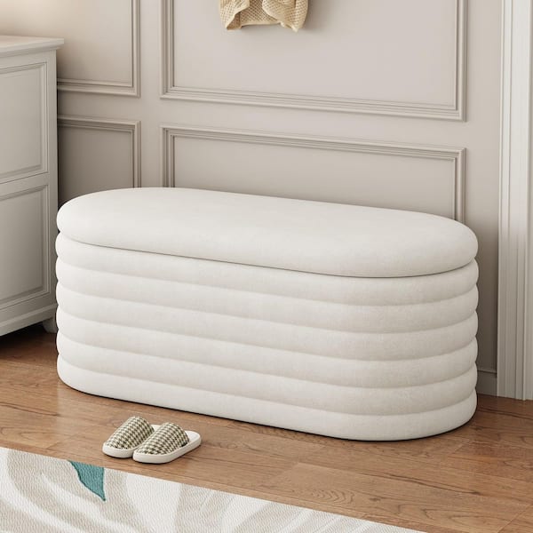 CSC DECOR INC Storage Stool 40 in. White Chenille Bedroom Bench Large Storage Space can be used for Bed End Upholstered Ottoman Bench