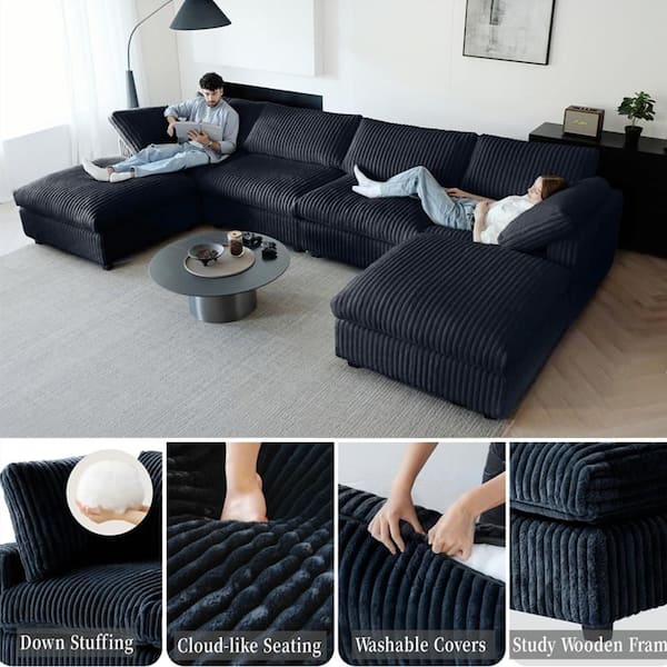157 in. Square Arm Modern 4-Piece Free Combination Velvet Cloud Modular Sectional Sofa with Washable Covers in. Black