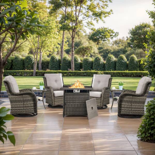 moosprr 7-Piece Gray Wicker Fire Pit Conversation Set with Olefin Beige Cushions and 4 Swivel Glider Chairs and Side Tables