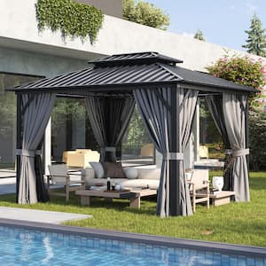 12 ft. x 10 ft. Outdoor Double Roof Gazabo with Galvanized Steel Hardtop,Aluminum Frame, Ceiling Hook, Curtains, Netting