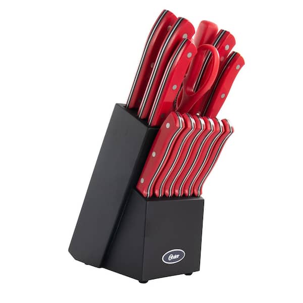 Oster Steffen 14 Piece Stainless Steel Knife Set in Red with Hardwood Storage Block