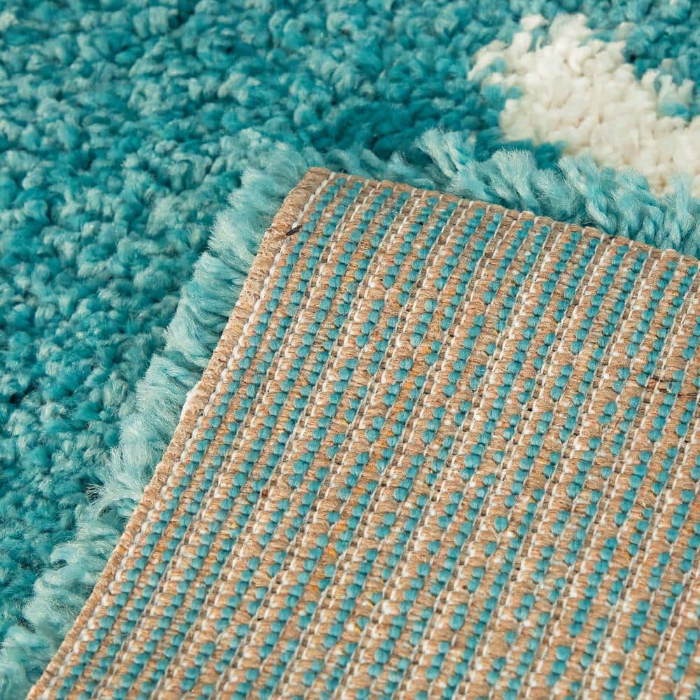 Teal and White Abstract Shag Area Rug, 5'3" x 7'