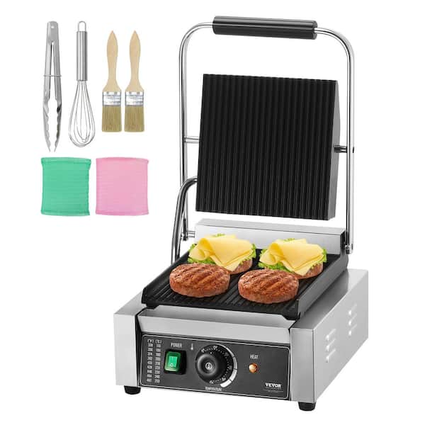 Commercial Panini Grill 1,800W Electric Sandwich Maker with Temp Control Flat Enamel Plate for Hamburger, Silver
