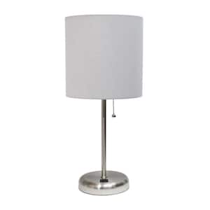 19.5 in. Grey Stick Lamp with USB Charging Port and Fabric Shade