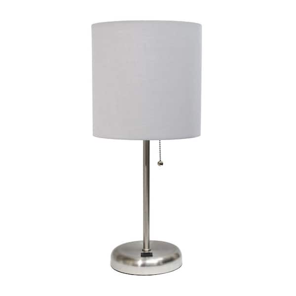 Simple Designs 19.5 in. Grey Stick Lamp with USB Charging Port and Fabric Shade