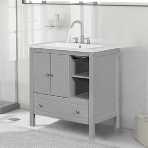 30 in. W x 18 in. D x 32.1 in. H Bathroom Vanity in Grey with White Top Ceramic Basin Sink, Storage Cabinet