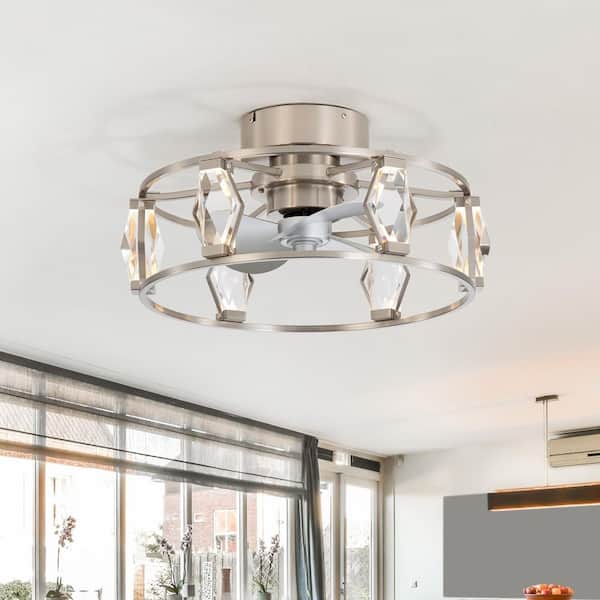 21 in. Integrated LED Indoor Satin Nickel Flush Elegant Caged 6-Speed Ceiling Fan with Light and Remote Control Included