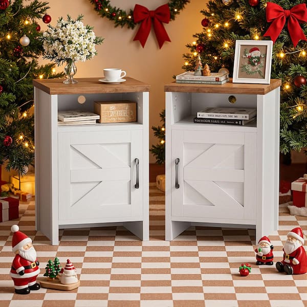 LACOO Farmhouse Modern Nightstand with Shelf and Barn Door, for Bedroom, Oak